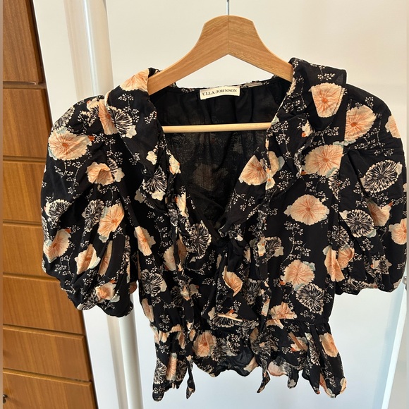 Ulla Johnson Tops - Ulla Johnson Black Puff-Sleeve Floral Tie-Front Top